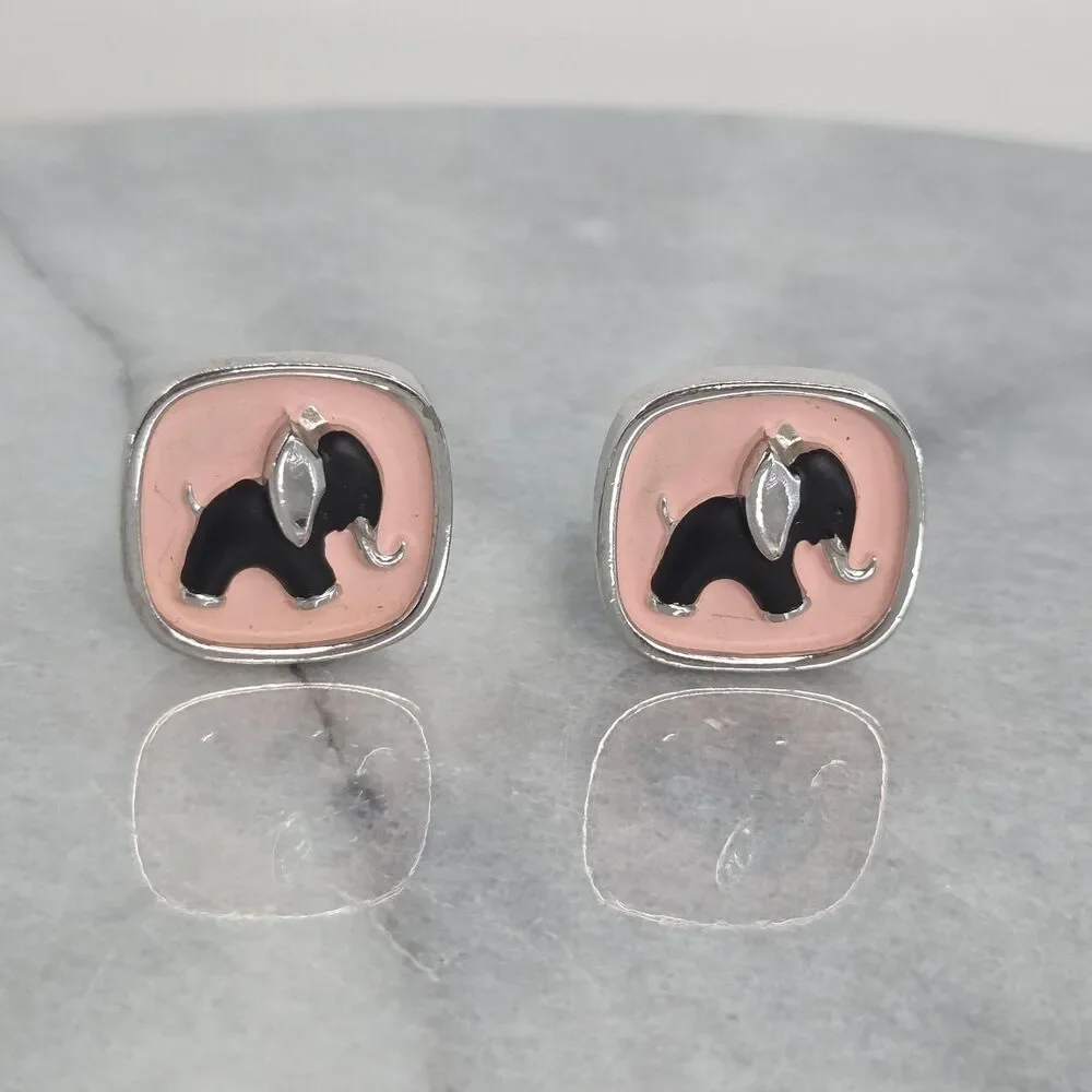 Pink Enamel Black Elephant Cufflinks Mens Silver Tone Bullet Back Dress Set
